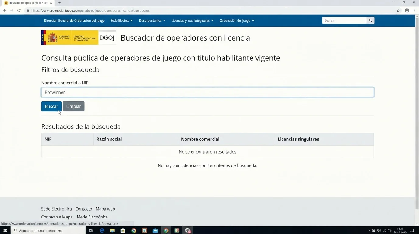Buscador de operadores con licencia DGOJ: consulta sobre Browinner Casino