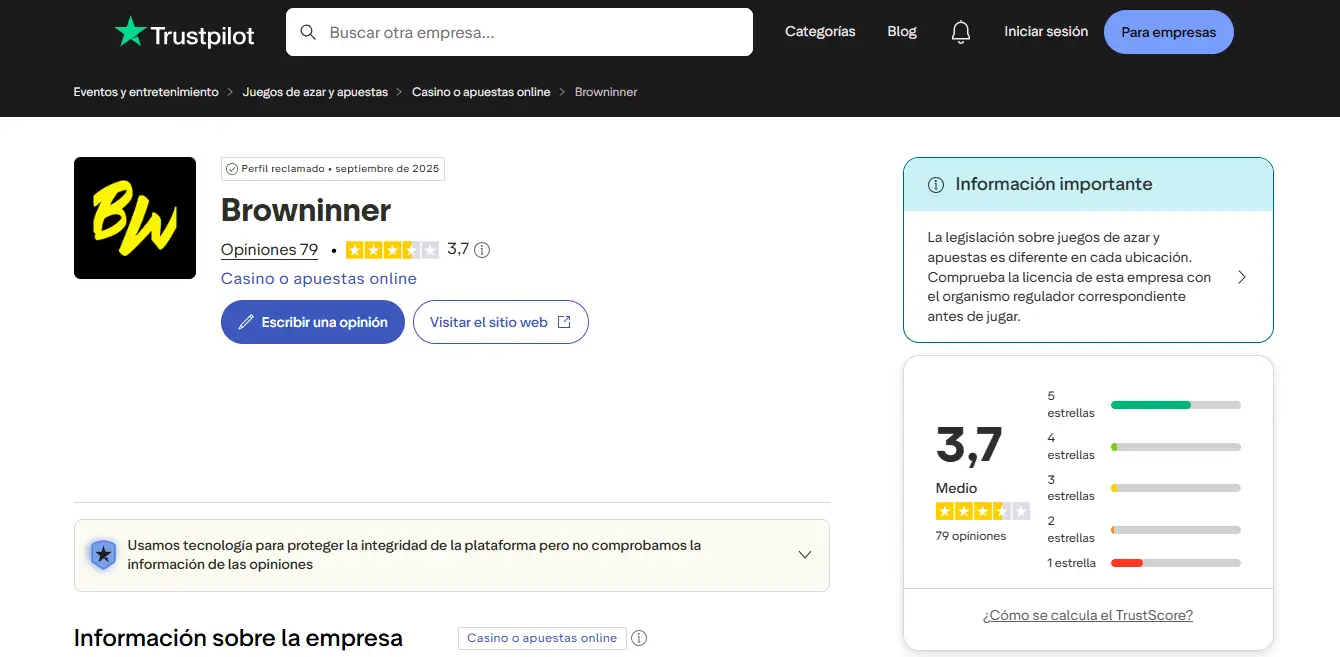 Opiniones de Browinner Casino en Trustpilot: valoración de usuarios