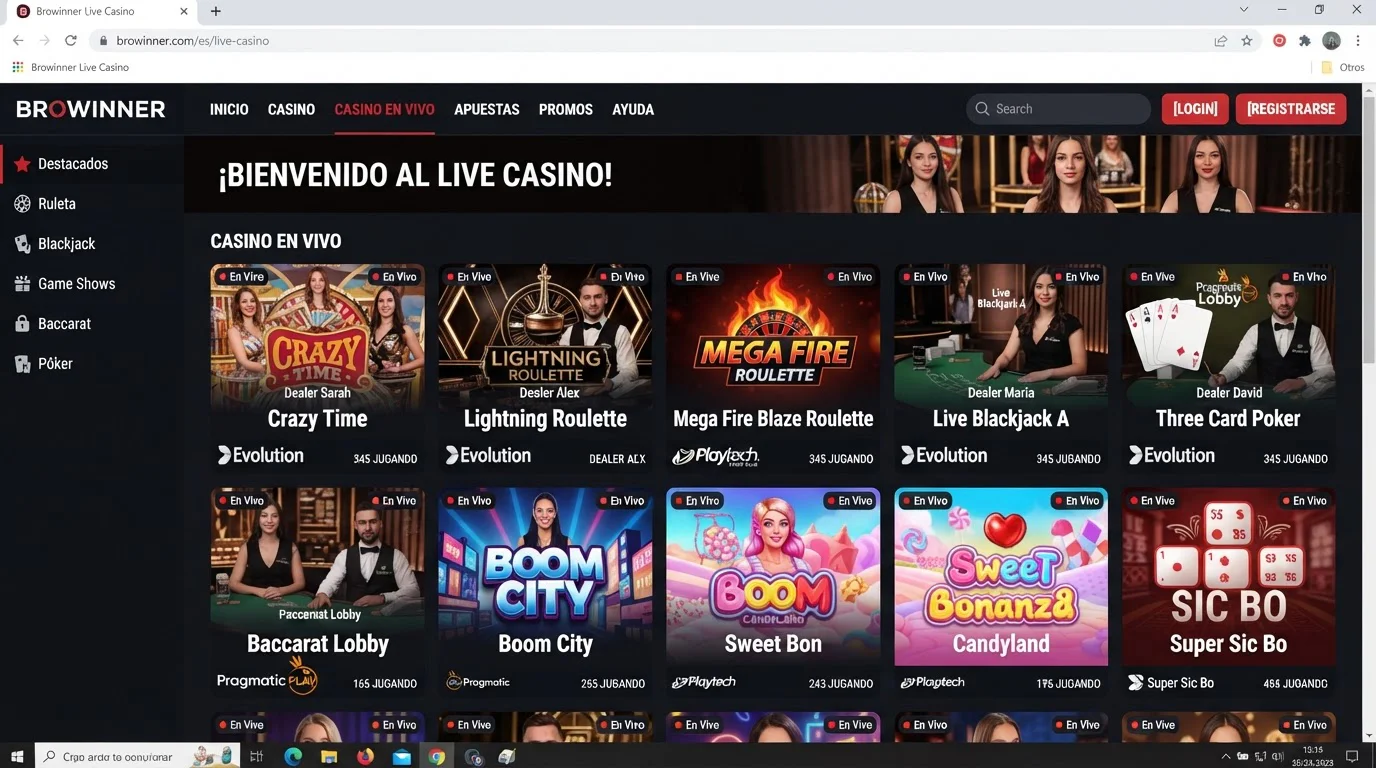 Lobby del casino en vivo de Browinner con ruleta, blackjack y baccarat