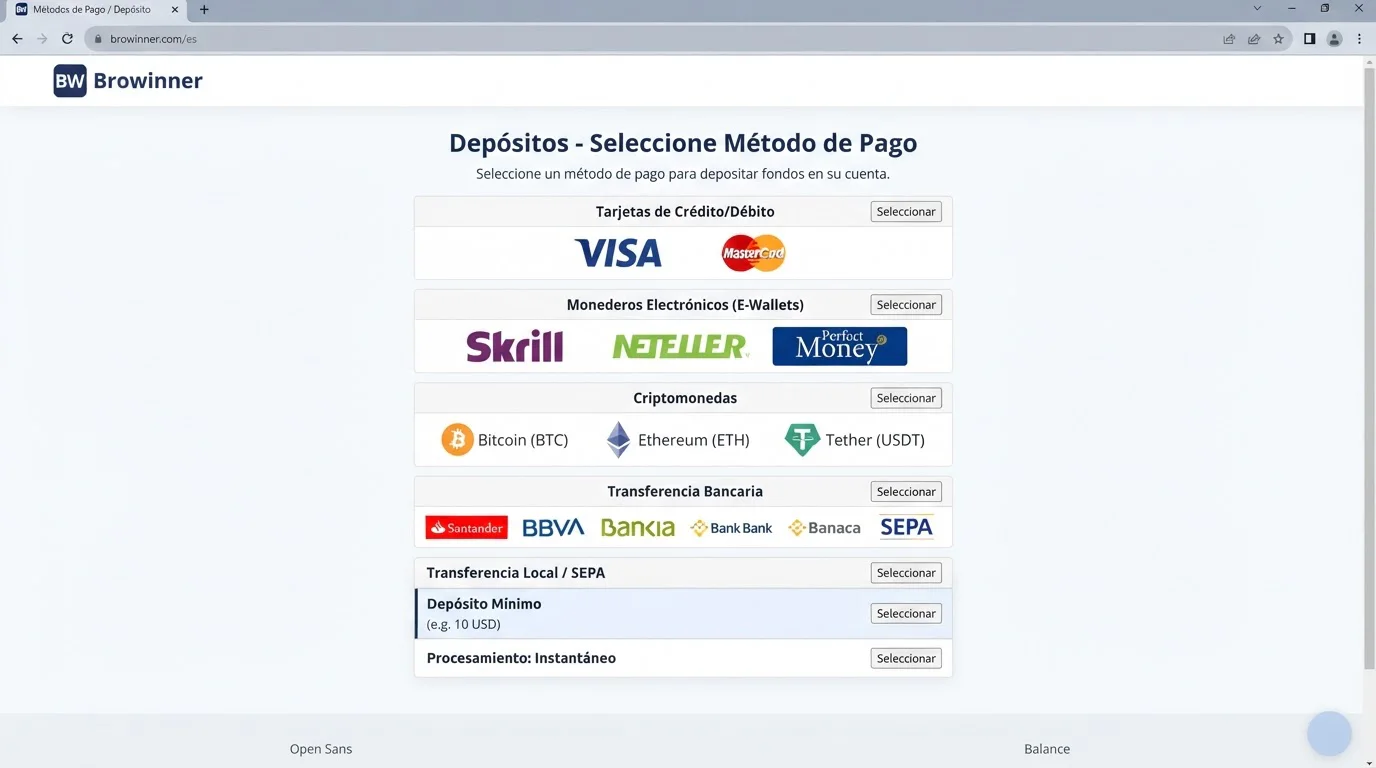 Métodos de depósito en Browinner Casino: Visa, Mastercard, Skrill, Neteller y cripto