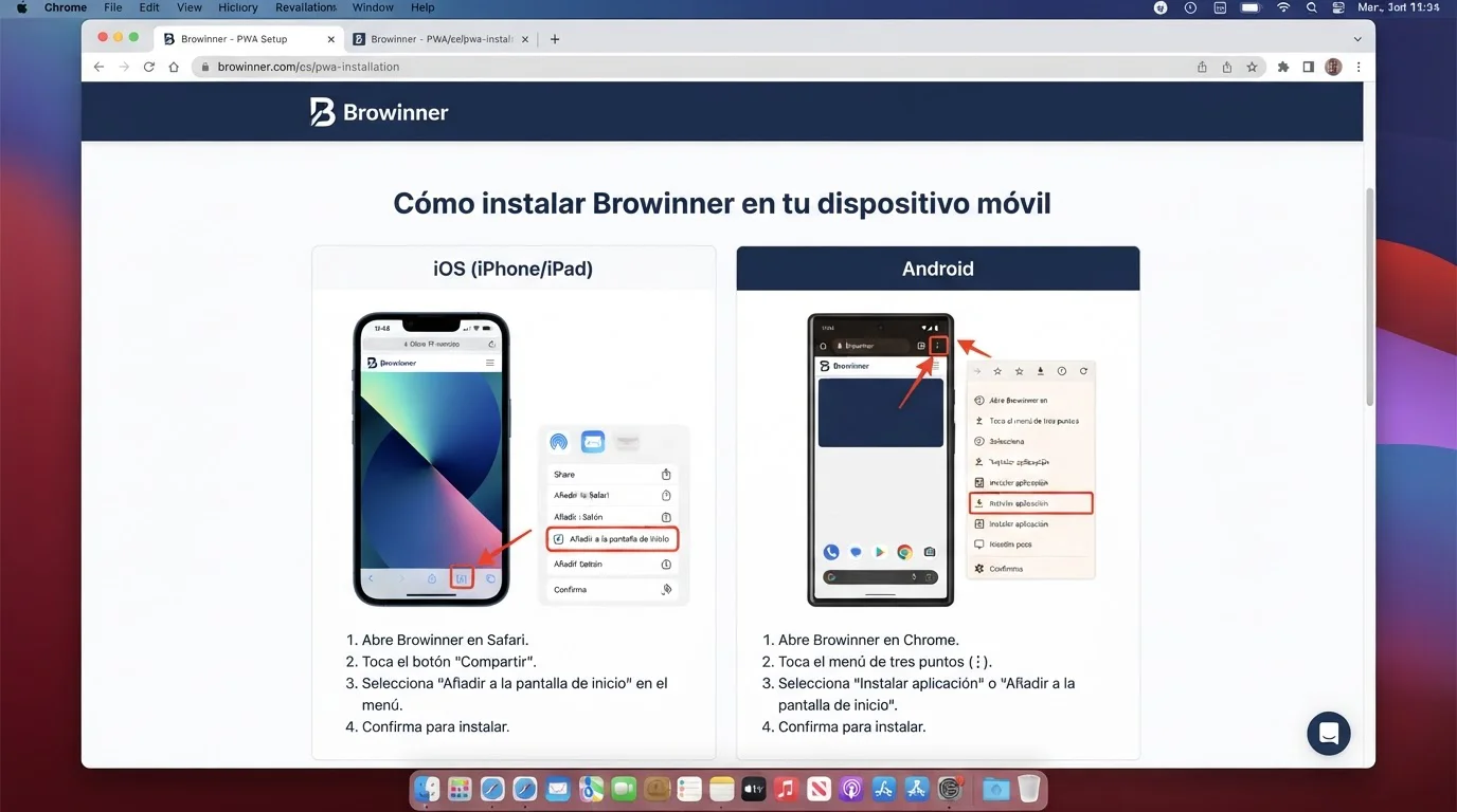 Captura de la sección oficial de Browinner que explica su PWA móvil