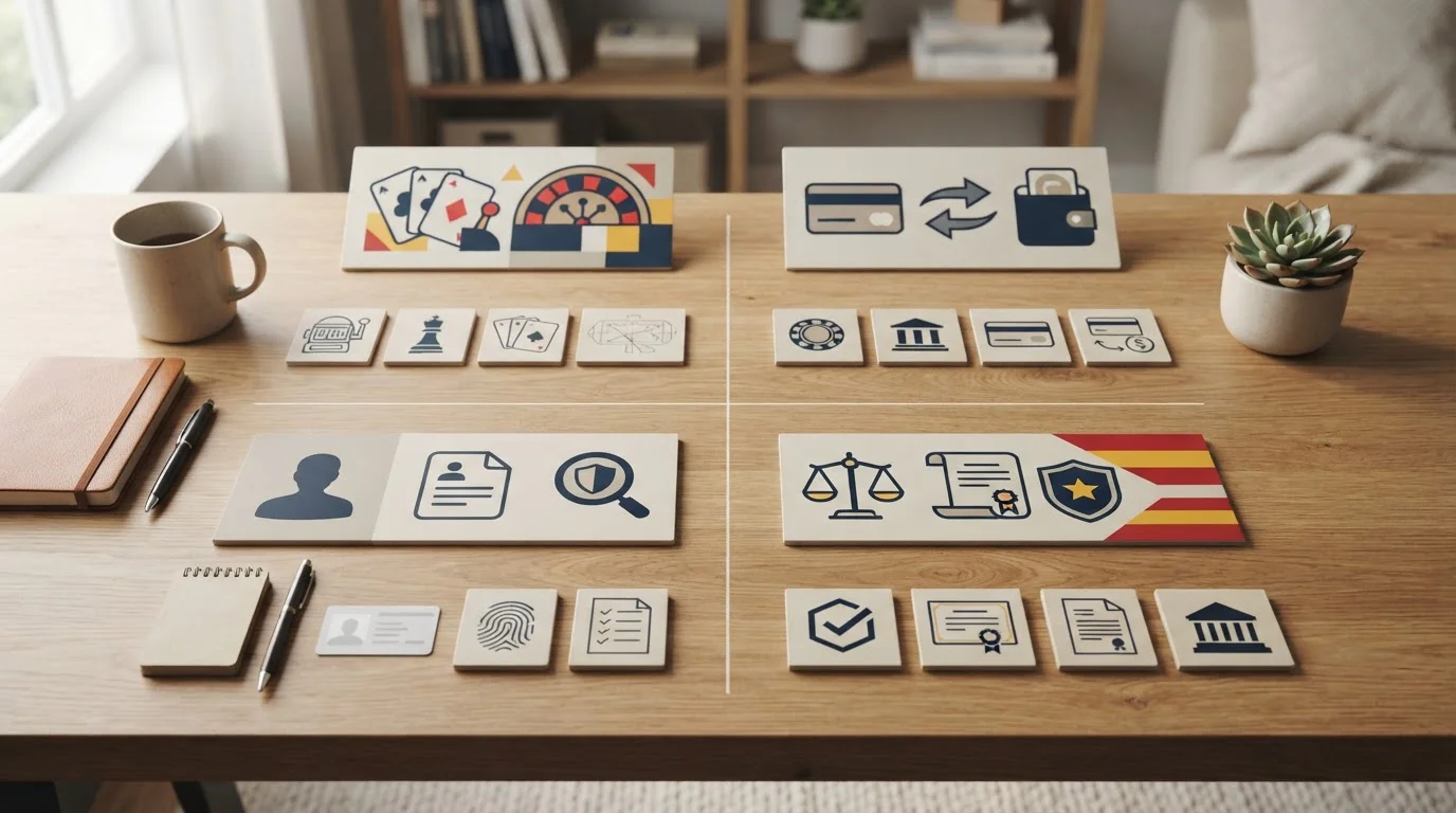 Ilustración editorial de una checklist para evaluar juegos, pagos, KYC y licencia de un casino online